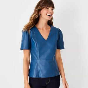 Ann Taylor Blue Faux Leather PeplumV-Neck Top, Size XXL
